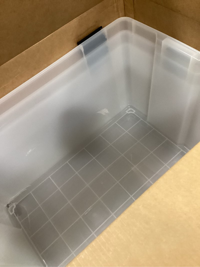 Condition photo showing As Is for ( with crack ) IRIS USA WeatherPro 156 Qt Storage Bins with Lids, 3 Pack, BPA-Free Plastic Gasket Box with Tight Latch and Seal, Stackable Nestable Tote Tub - Clear/Black 156 Qt. - 3 Pack