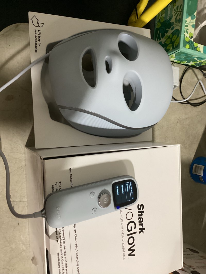 Condition photo showing New/Like New for working verified shark cryoglow led face mask with under-eye cooling, anti-ageing & blemish repair, red & blue led, infrared light therapy, usb-c, remote control, storage bag, blue frost, fw312
