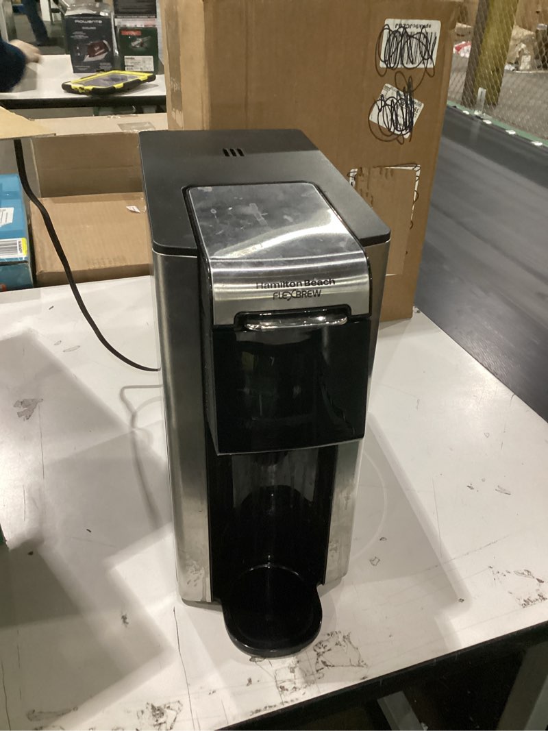 Condition photo showing Good Condition for Not tested!!!Hamilton Beach FlexBrew Advanced 5-in-1 Programmable 12 Cup Drip and Single Serve Hot & Iced Coffee Maker with Movable 60 oz. Water Reservoir, Use Pod Packs and Grounds, Fast Brewing, Black (49924)