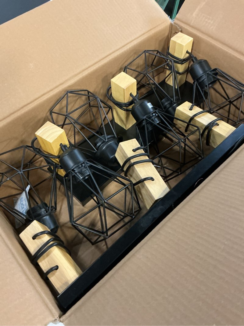 Condition photo showing Good Condition for Farmhouse Vanity Light for Bathroom, 6-Light Wood Bathroom Vanity Light Fixtures Over Mirror, Rustic Sconces Wall Lighting with Metal Lampshade for Living Room, Bedroom, Hallway Black 6-Light