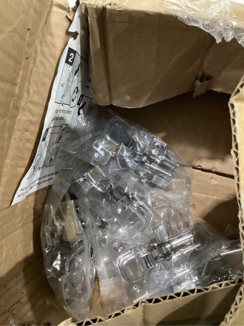Condition photo showing As Is for soft close cabinet door hinges for 1/2\" partial overlay cupboard, 100 degree opening angel, stainless concealed kitchen cabinet hinges with mounting screws and manual 1/2 inch overlay