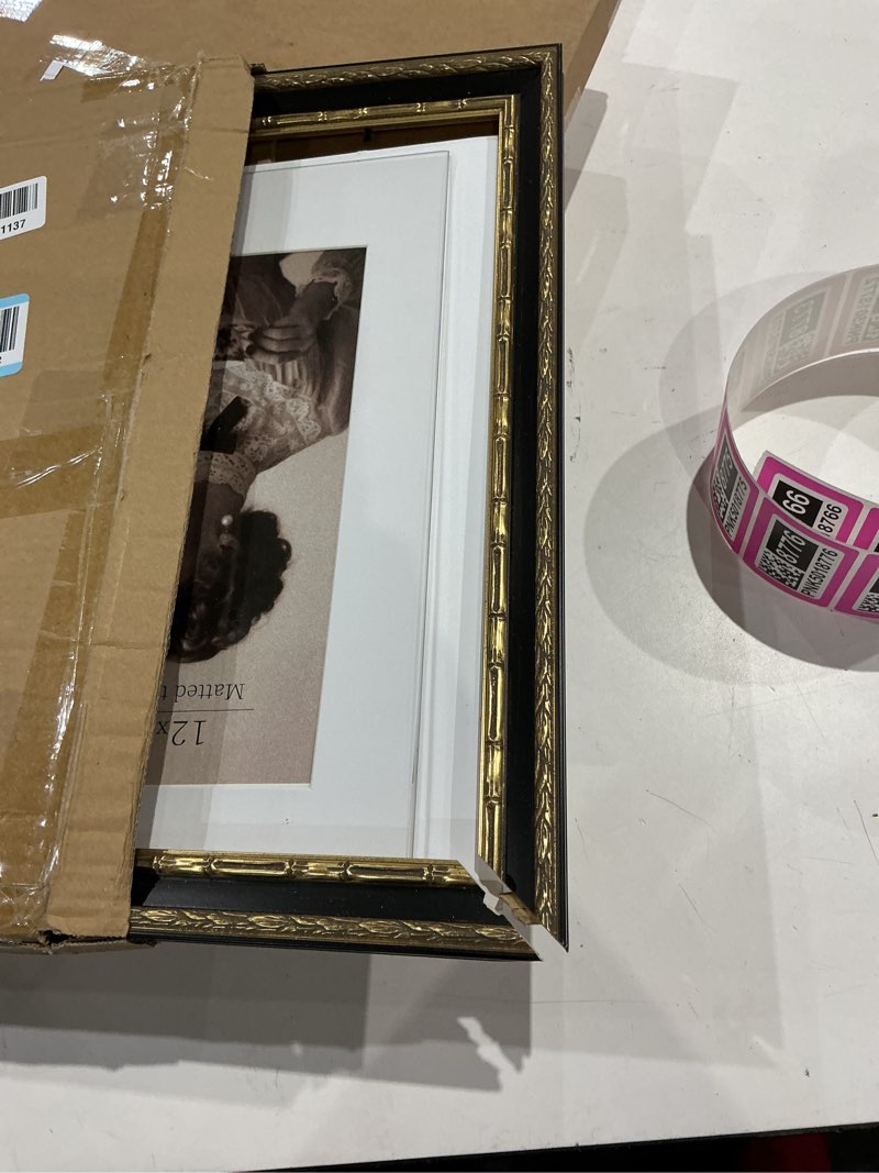 Condition photo showing As Is for vintage 4x6 picture frame, ornate antique gold 4x6 frame with tempered real glass, display 4 x 6 photo for tabletop or wall mount, retro home decor (black/gold, single) 4x6,1pk black/gold