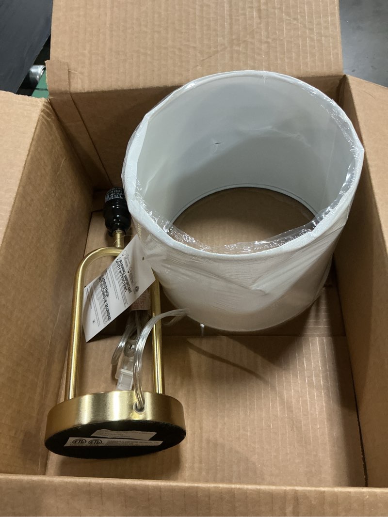 Condition photo showing As Is for mainstays 16.75" gold metal arch table lamp with white fabric lamp shade