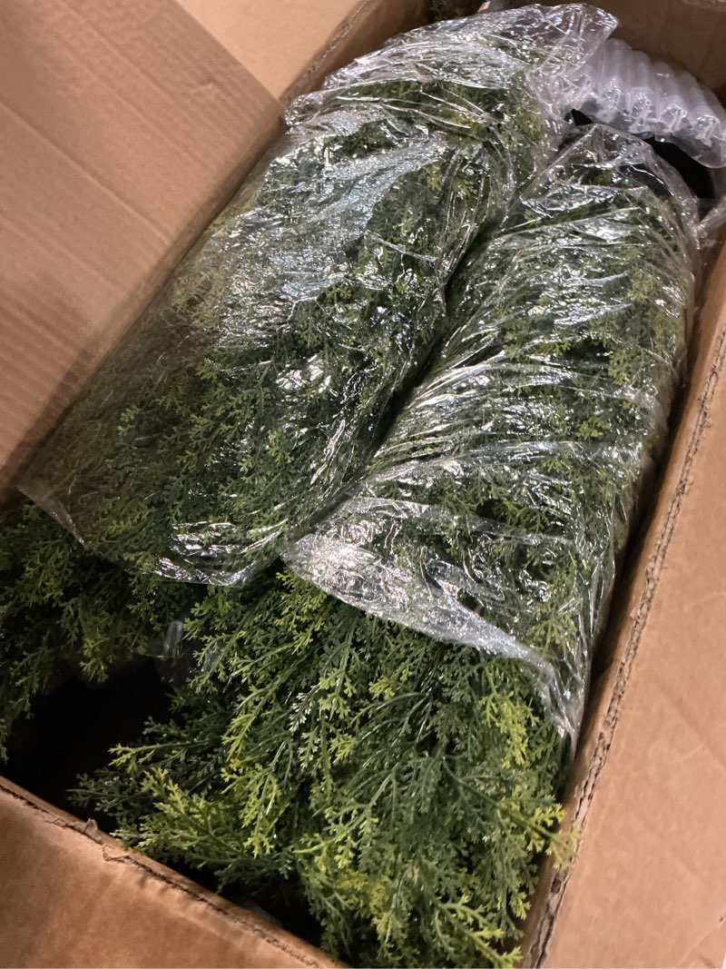 Condition photo showing Good Condition for the bloom times artificial topiary cedar trees outdoor 4ft tall 2 set, realistic faux pine cypress shrubs bushes, uv resistant large fake evergreen plants for front porch outside planter decor 4 foot 4 foot yellow green