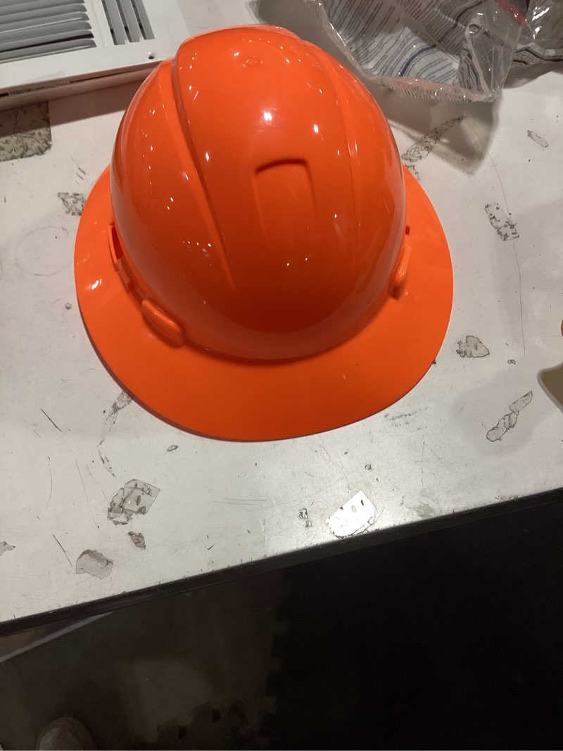 Condition photo showing As Is for 3m full brim quick adjusting ratchet type i class g e orange hard hat