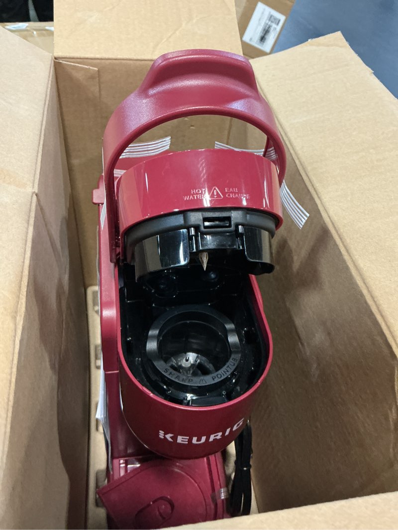 Condition photo showing As Is for keurig k-express single serve k-cup pod coffee maker, 3 brew sizes, strong button feature, 42oz removable reservoir, island berry holiday berry