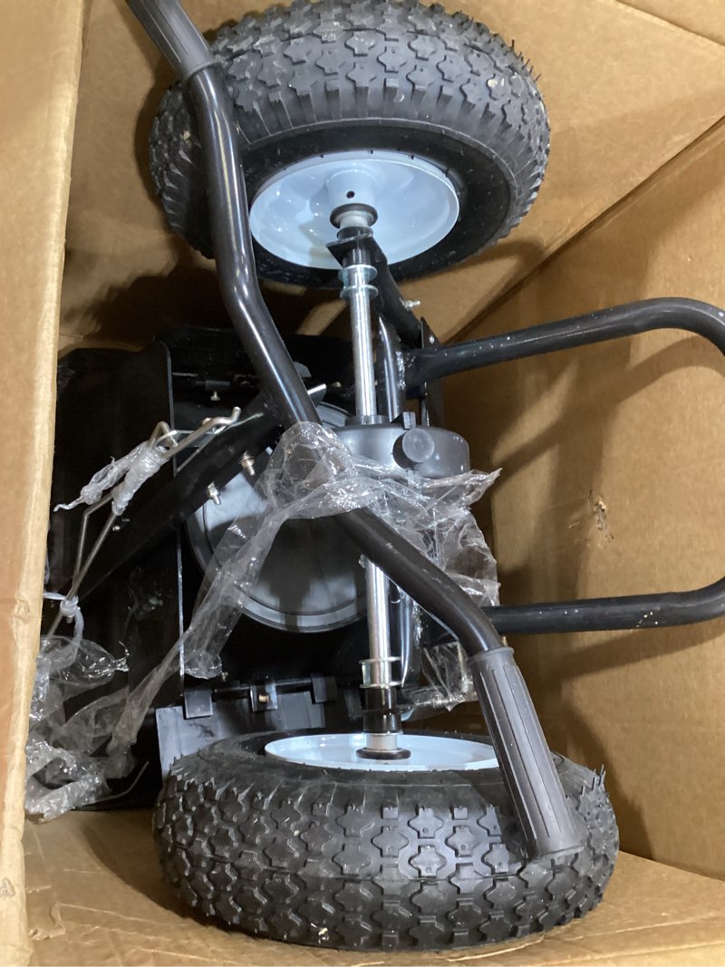 Condition photo showing Good Condition for vevor broadcast spreader, 100lbs capacity, walk-behind push spreader, 0-9.8ft spreading width, 13 in all terrain pneumatic tires, fertilizer spreaders with hopper grate, for seed salt ice melt 100lb white hubs + black components