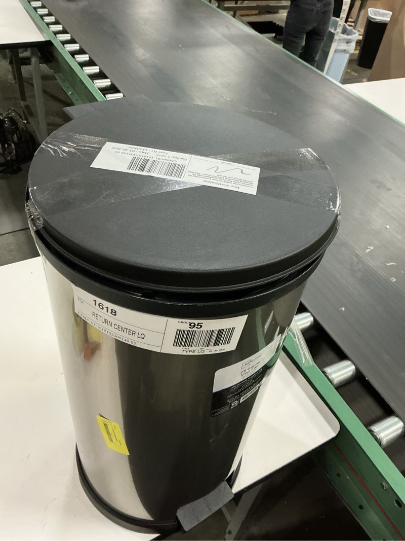Condition photo showing As Is for mainstays kitchen trash can, 7.9 gallon plastic step garbage bin with lid, silver