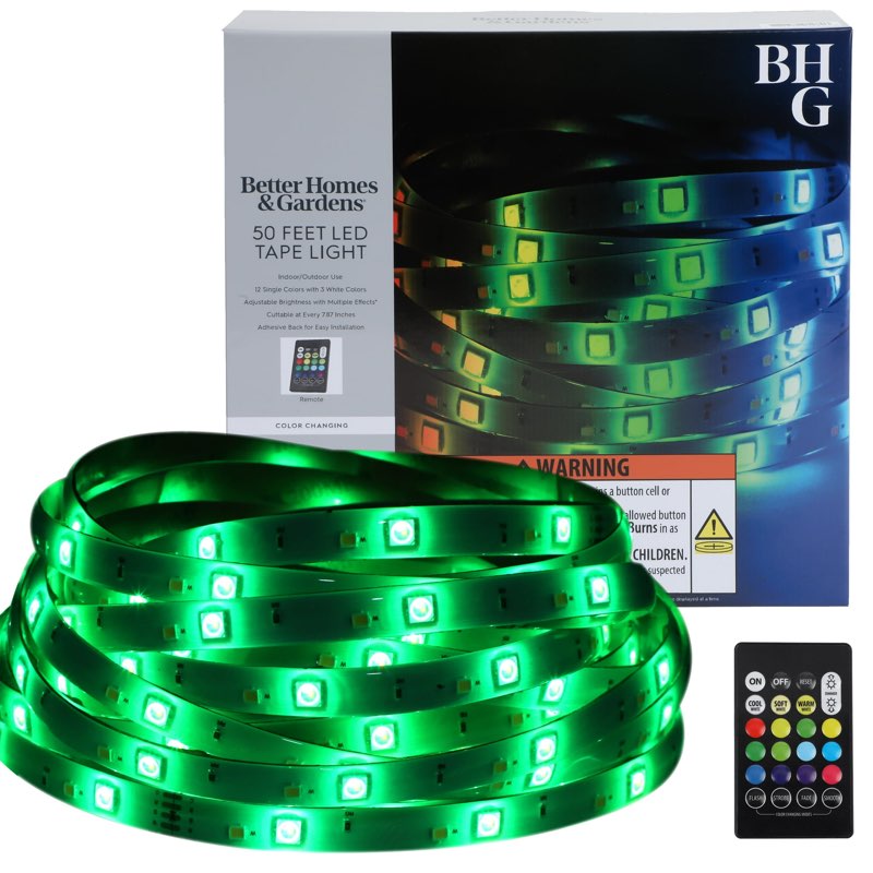  better homes & gardens 50ft color-changing led tape light, remote, indoor/outdoor, 1 count