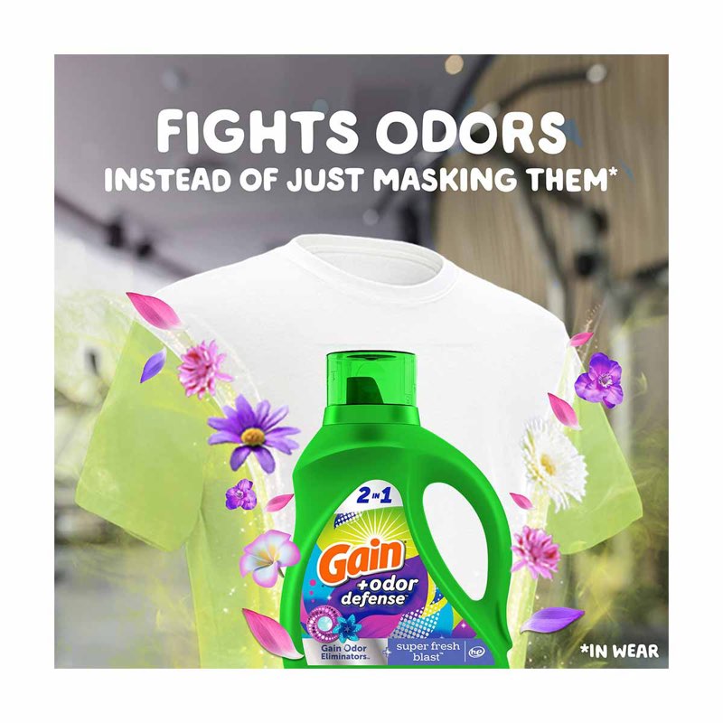 gain odor defense liquid laundry detergent, super fresh blast scent, 65 fl oz