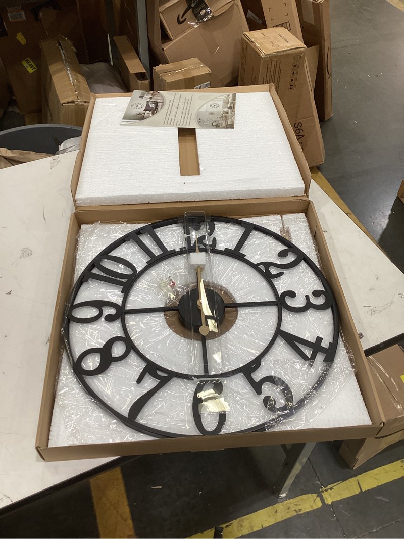 Condition photo showing New/Like New for leike large wall clock, 18.5" silent non-ticking, battery operated, oversized, decorative retro black metal clock for living room,farmhouse, dinner room,indoor, outdoor(47cm, black arabic number) 19 inch black-arabic number