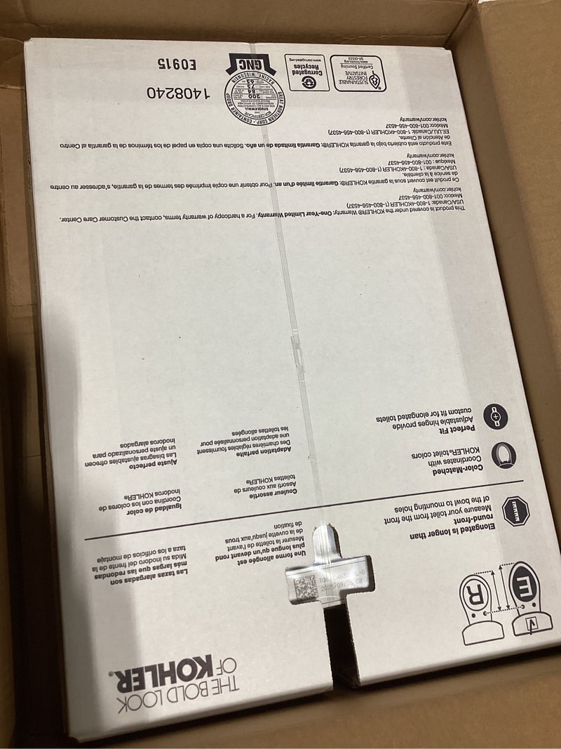 Condition photo showing New/Like New for kohler 4636-rl-0 cachet readylatch elongated toilet seat slow close, soft close toilet seat quiet lid, contoured grip-tight bumpers installation hardware, apartment essentials, white white elongated ready latch
