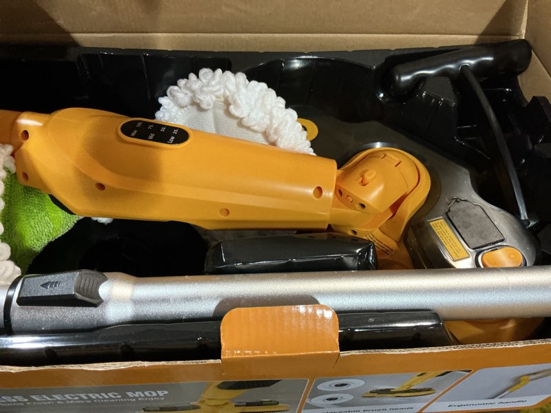 Condition photo showing As Is for cordless electric mop for dewalt 20v battery (no battery), 2 in 1 spin mop & electric floor scrubber machine with led light & water spray, 800 rpm rotating electric mops for floor cleaning (yellow)
