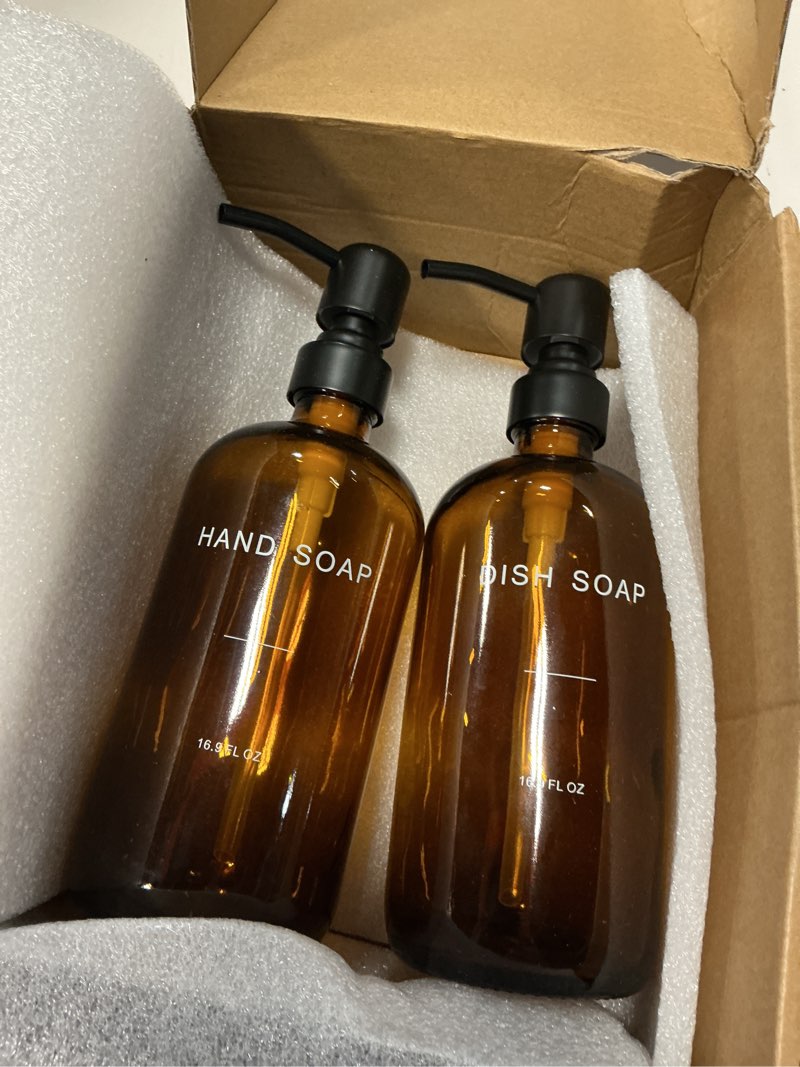 Condition photo showing New/Like New for prus waso amber soap dispenser set, soap dispenser for kitchen sink with black stainless steel pump, perfect for kitchen accessories decor. (amber) amber bottle & black pump
