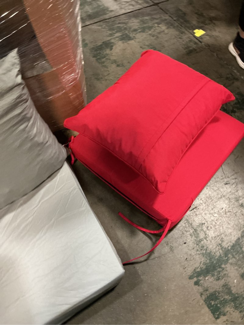 Condition photo showing As Is for patioglow outdoor seat cushion set 24 x 24 x 4 inch, waterproof & fade resistant patio furniture cushions with removable cover and ties, thick deep seating pads for outside chair sofa couch, red (set of 2 ) 