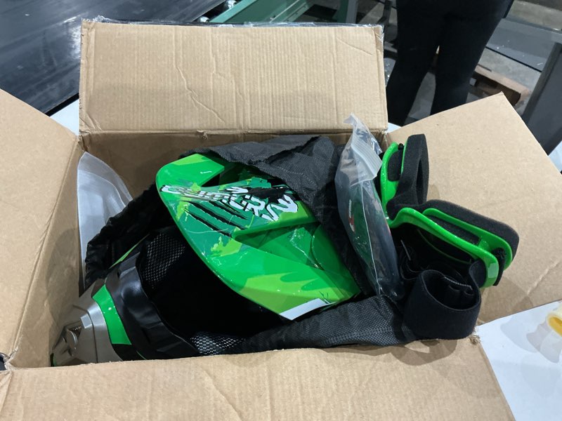 Condition photo showing Good Condition for dot youth dirt bike helmet with goggles & gloves for 5-14 years old, youth atv helmets for youth boys girls, four wheeler helmet, motocross bmx mx utv offroad street go kart dirt bike race car medium dino green