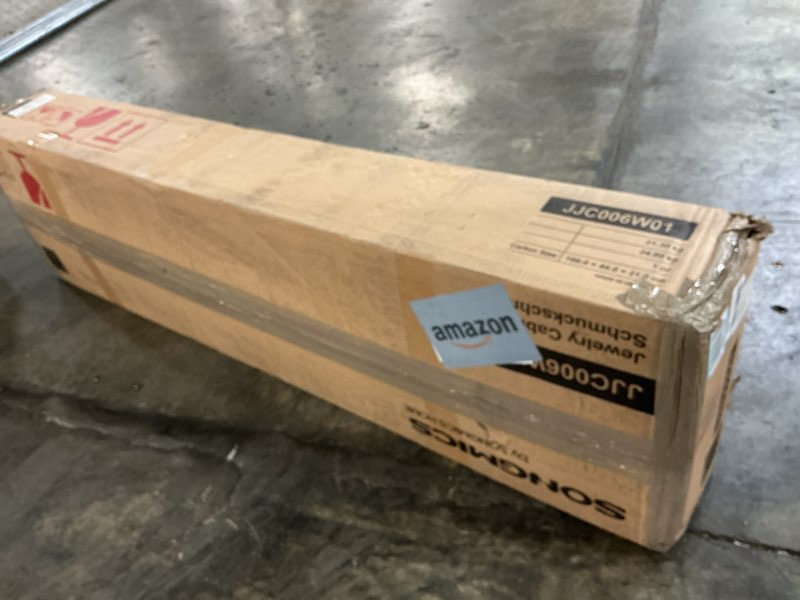 Condition photo showing As Is for SONGMICS 360° Swivel Jewelry Cabinet, Lockable Jewelry Organizer with Full-Length Mirror, Rear Storage Shelves, Interior Mirror, Jewelry Armoire, Gift Idea, White with Gray Wood Grain UJJC006W01