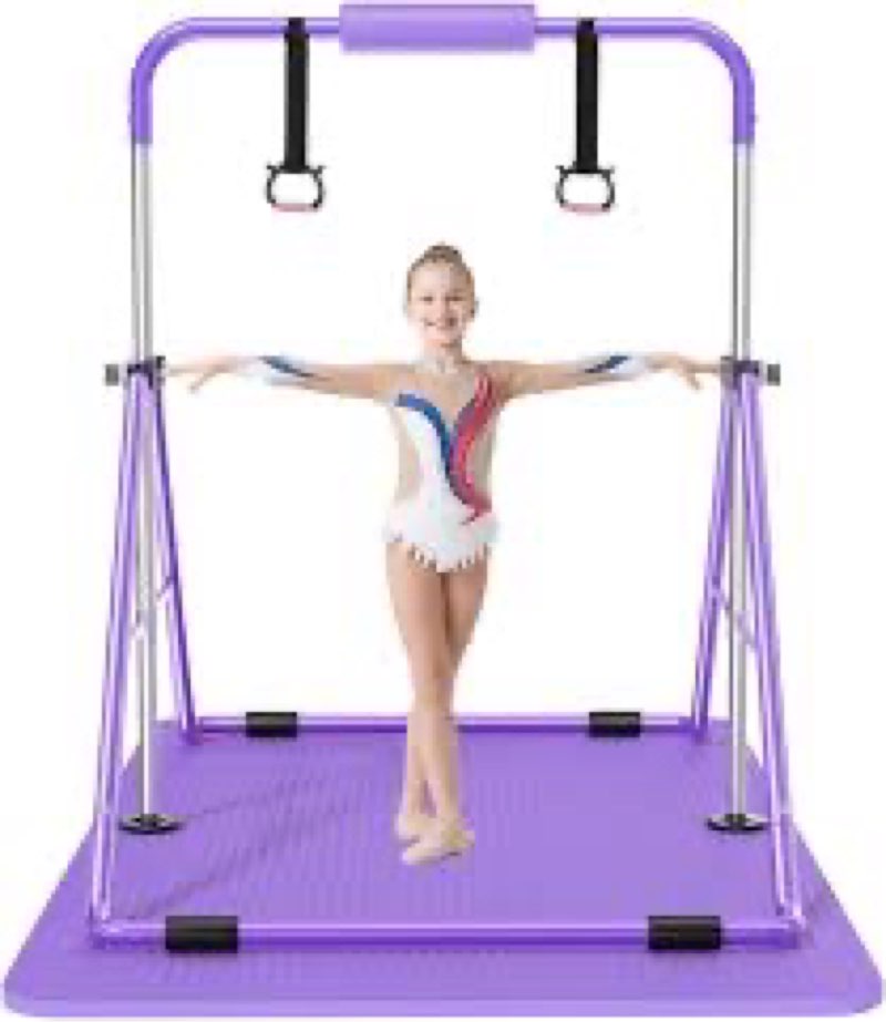 Safly Fun Gymnastics Bar with Mat for Kids 3-11, Foldable & Adjustable 35"-51", Supports 140Lbs with