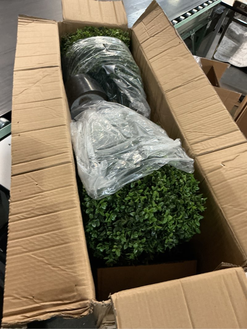 Condition photo showing Good Condition for real touch leaves artificial topiary trees, 24\" t with 17\" w faux boxwood, set of 2 uv resistant plants, decorative indoor outdoor trees with 6\"x5\" pots for home, office, and garden decor 24\" green
