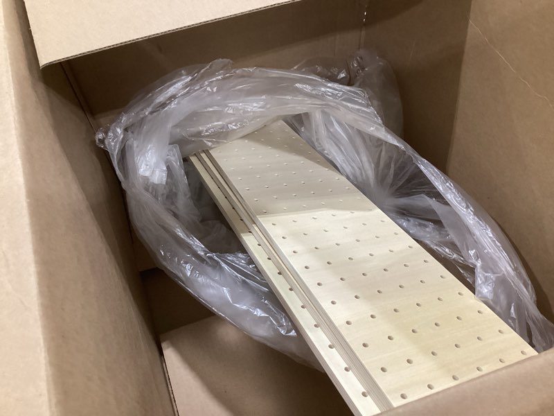 Condition photo showing As Is for wood pegboard drawer organizer with 8 adjustable pegs for kitchen utensils plates bowls