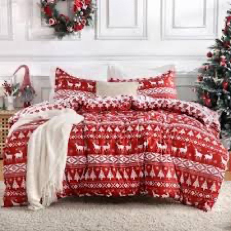 Mengersi Christmas Duvet Cover Set Queen Size,Christmas Red Deer Tree Snowflake Pattern Bedding Comf
