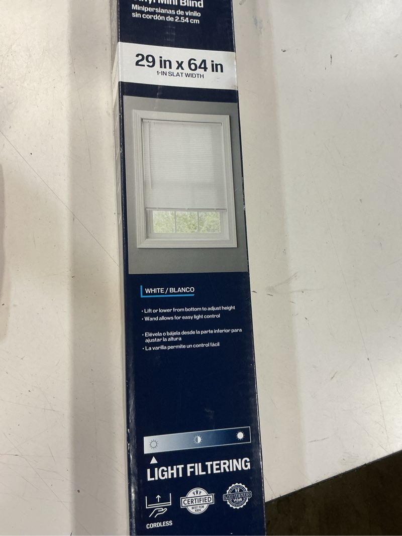 Condition photo showing As Is for project source light filtering 1-in slat width 29-in x 64-in cordless white vinyl light filtering mini blinds