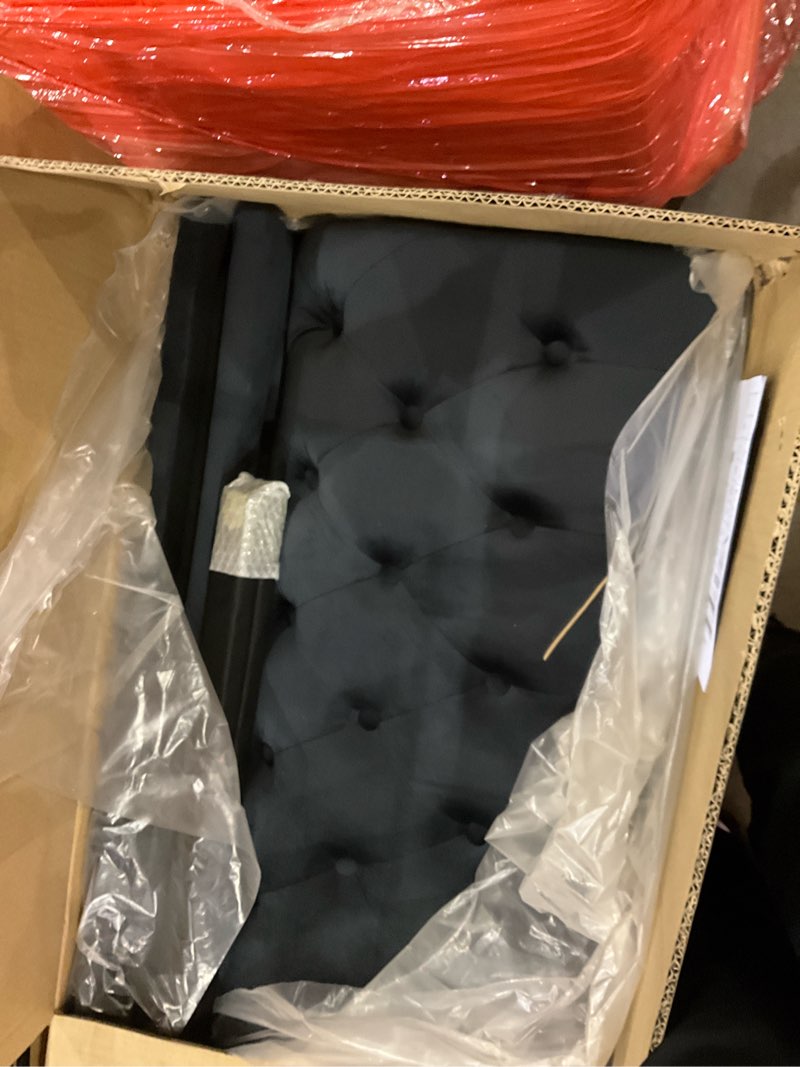 Condition photo showing As Is for KEIKI 85.5\" Chesterfield Sofa, Retro Style Velvet Upholstered 3 Seat Couch, Button Tufted Sofa with Rolled Arm for Living Room, Bedroom Office, Black 3 Seat Grey incomplete 