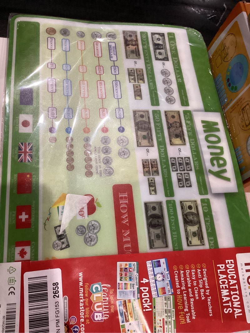 Condition photo showing Good Condition for merka kids placemat for dining table - 4 pack 17 x 11 in multicolor - teaching time, money & kids calendar - four seasons scenes - silicone reusable & wipeable time, money, calendar, seasons