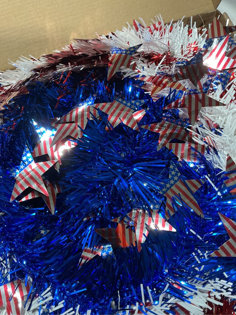Condition photo showing New/Like New for 5ft 4th of july patriotic pop-up decorations tinsel tree,usa 250th anniversary collapsible artificial pencil tree for independence day/indoor party/porch/reusable holiday decor(five-pointed star)