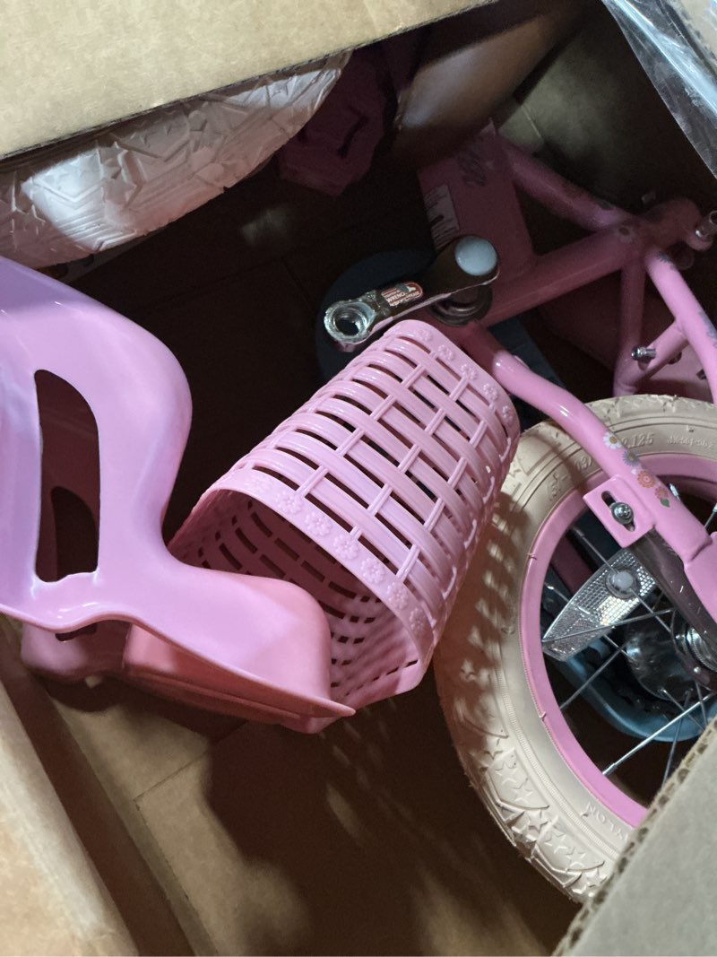 Condition photo showing As Is for joystar little daisy kids bike for girls boys ages 2-7 years, 12 14 16 inch girls bikes with doll bike seat & streamers, boys bike with flag & number plate, multiple colors littledaisy-pink 12 inch with training wheels