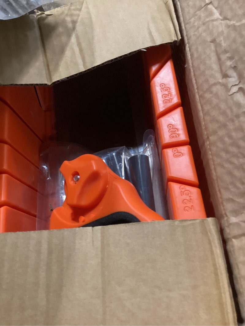 Condition photo showing New/Like New for 12" miter box with saw included, reinforced steel back saw for accurate cutting, preset 90 45 22.5 and 0 degree cuts, 4-1/2in x 3in (width x height) cutting capacity