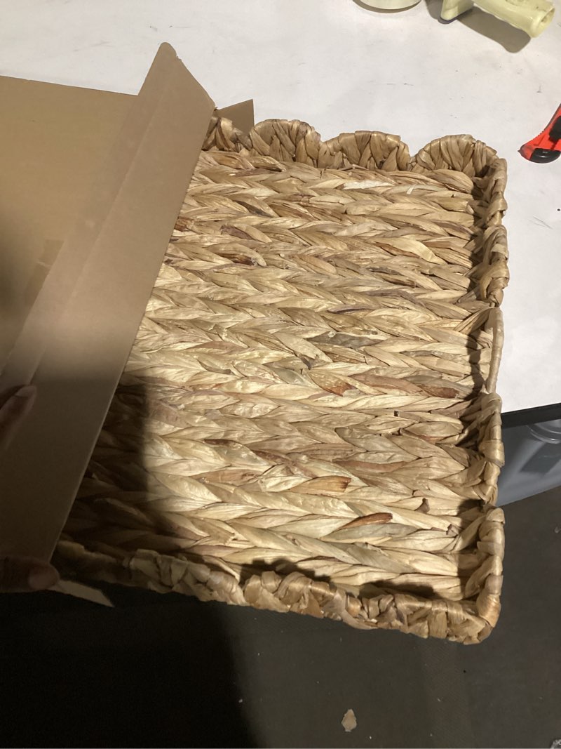 Condition photo showing As Is for 24" L x 18" W x 2.4" H Wicker Scalloped Tray Handwoven Woven Rattan Serving Ottoman Tray with Handles Large Water Hyacinth Rectangle Basket for Decorative Organizing