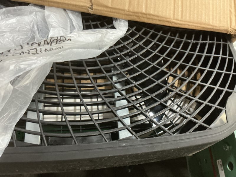 Condition photo showing As Is for amazon basics 3 speed box fan, indoor electric fan for home cooling, 5 blades, lightweight design, 67 watts, 20-inch, black, 6.8"d x 20.86"w x 21.33"h