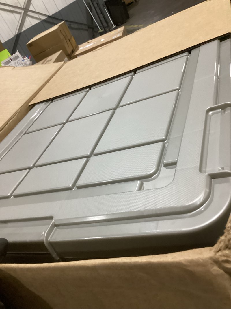 Condition photo showing As Is for iris usa 60 qt storage bins with gasket seal lid, 3 pack - bpa-free, heavy duty moving containers tight latch, weather proof tote, weatherpro - clear/chrome 60 qt. - 3 pack