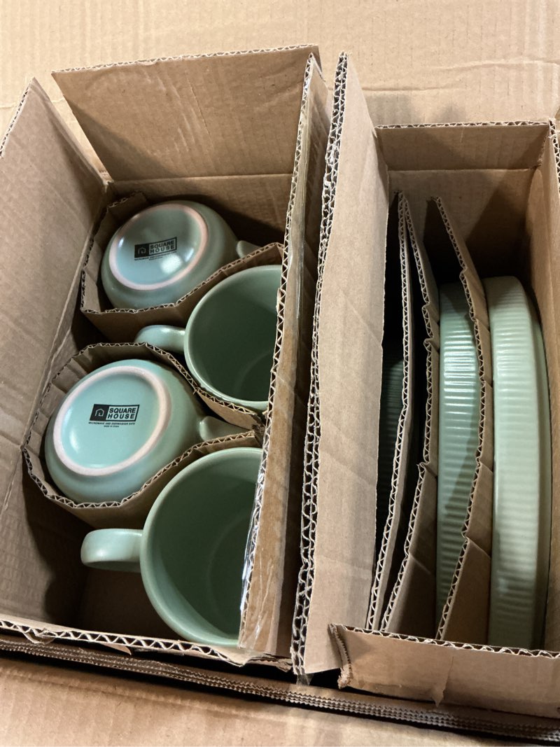 Condition photo showing New/Like New for 16 piece dinnerware set key west - plates, bowls, and mugs set for 4 - chip and scratch resistant, microwave and dishwasher safe tableware, 16 pieces ribbed dishes