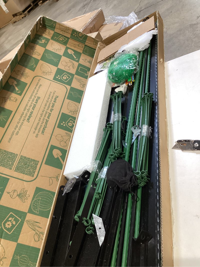 Condition photo showing Good Condition for oncemore galvanized raised garden bed for vegetables flowers herbs, metal raised garden bed kit with 2 pcs tomato cage, gloves, trellis netting, plant labels, plant ties, black 8×4×1ft black 8x4x1 ft