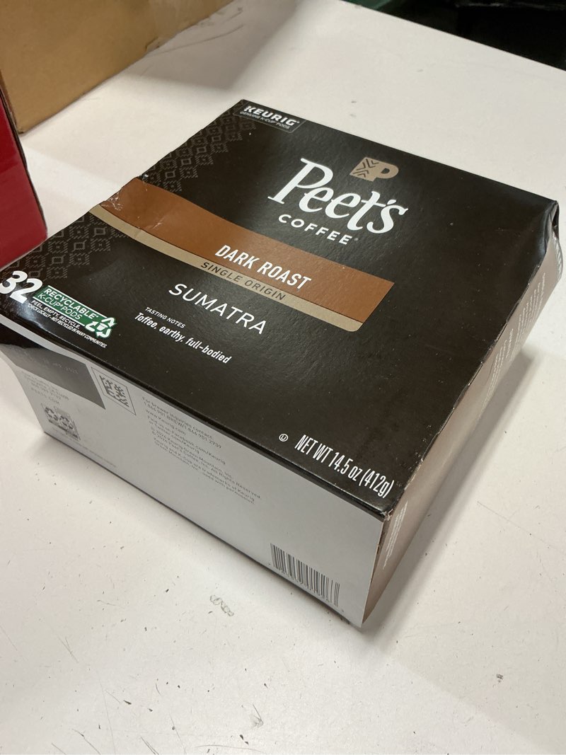 Condition photo showing New/Like New for (bbd 4/22/2026)peet's coffee, dark roast single serve coffee pods, 100% arabica coffee - single origin sumatra 32 count (1 box of 32 pods) single origin sumatra 32 count (pack of 1)