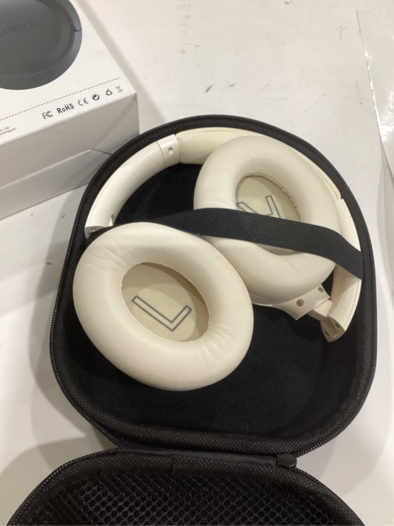 Condition photo showing As Is for LORELEI QC60 Hybrid Active Noise Cancenlling Headphones,Wireless Over Ear Bluetooth Headsets with mic,100H Playtime ?3 EQ Mode Deep Bass, Memory Earmuffs,for Travel Home Office(Beige White)