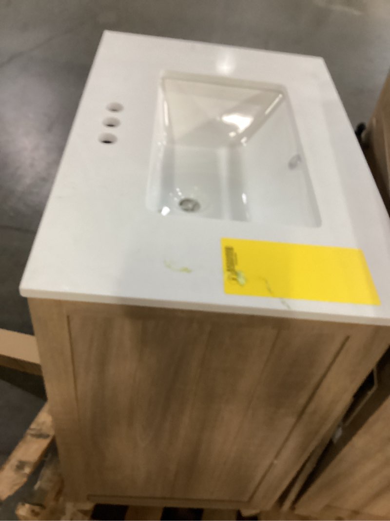 Condition photo showing As Is for  single bathroom vanity sink with sliding barn door & 3 drawers