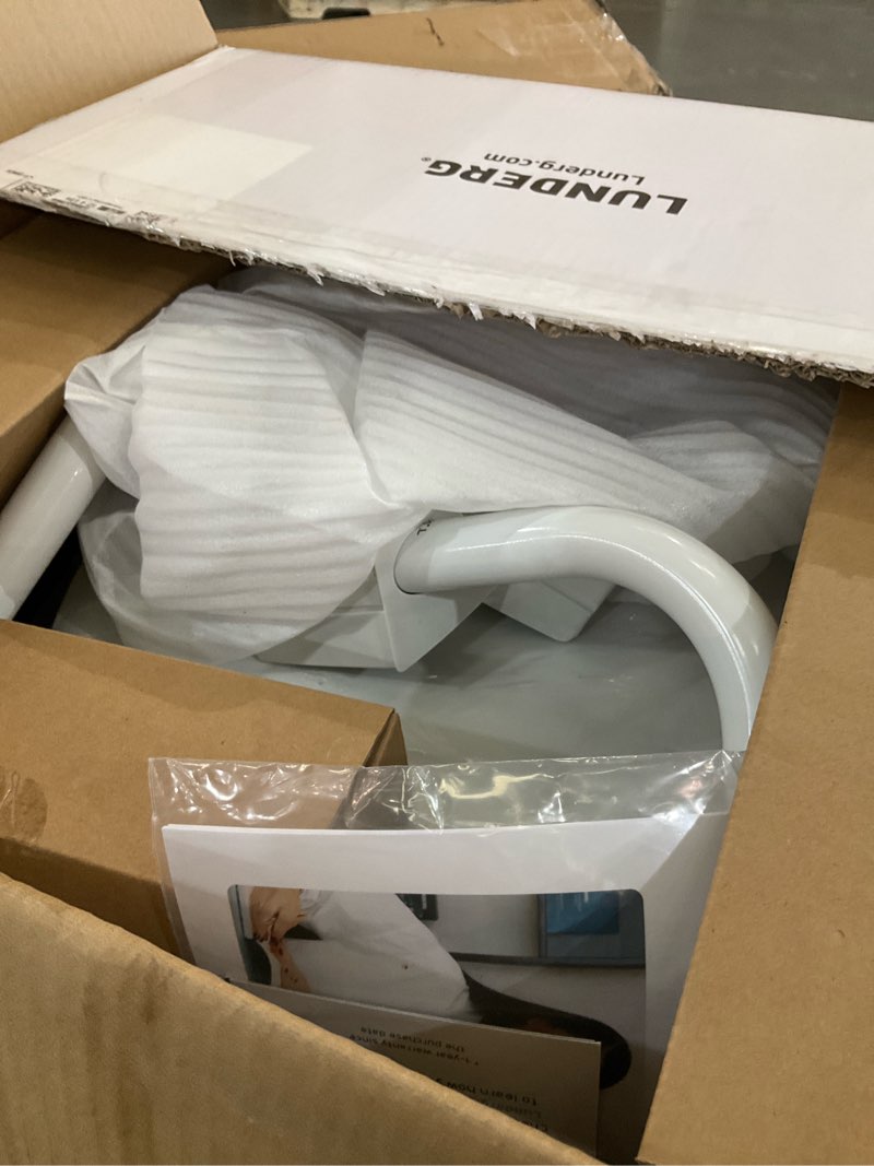Condition photo showing As Is for lunderg raised toilet seat with handles - round/standard - easy to install toilet seat risers for seniors - adds 3 inches & works like the one you’ve always used - elegant design - no hospital vibe