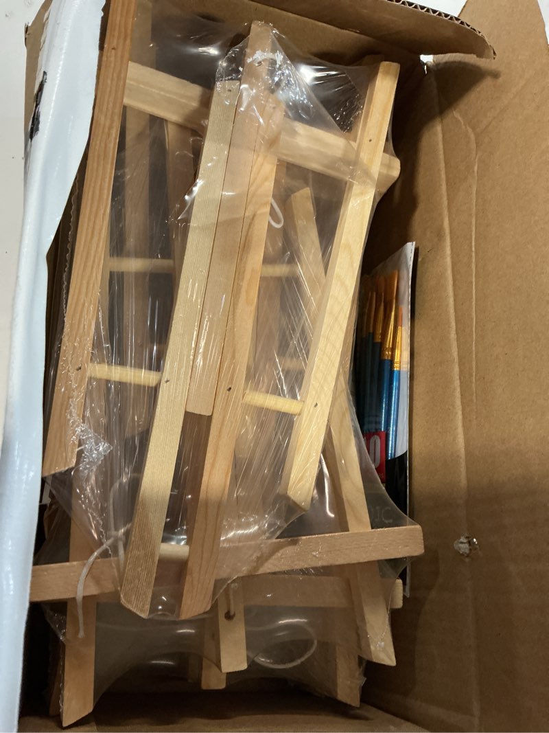 Condition photo showing Good Condition for aroic 96 pcs painting supplies set with easels, 8 pcs wood easels, 8 packs of 80 brushes with nylon brush head and 8 pcs palettes, tabletop wooden art easel for kids & adults sip and paint party 96pcs(8 sets)