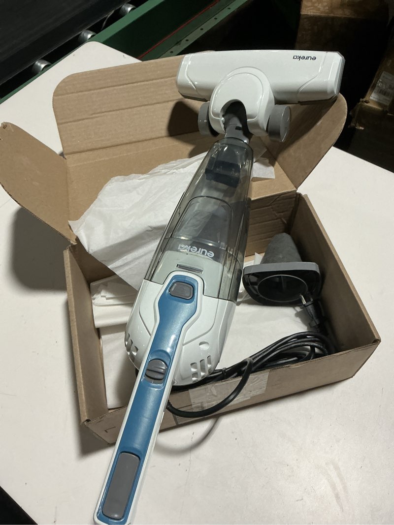 Condition photo showing As Is for eureka corded stick vacuum cleaner for home pet hair, lightweight stick vacuum cleaner with powerful suction for carpet tile and hard floor, aqua blue, 3-in-1 handheld vac nes100 3-in-1 handheld vac nes100 aqua blue