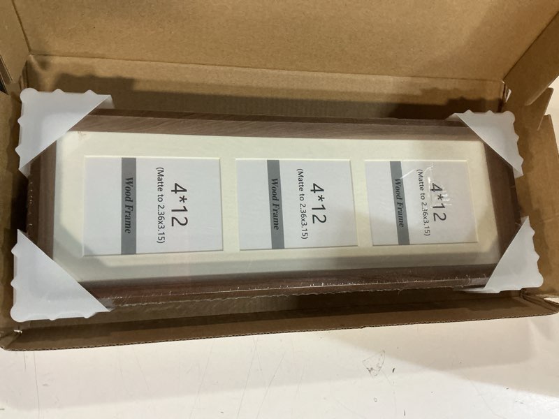 Condition photo showing New/Like New for 4x12 collage picture frame teak wood, multiple four 2x3 photos or 4x12 without mat, rustic photo frame with tempered glass hanging or tabletop displaying horizontally or vertically teak 4x12