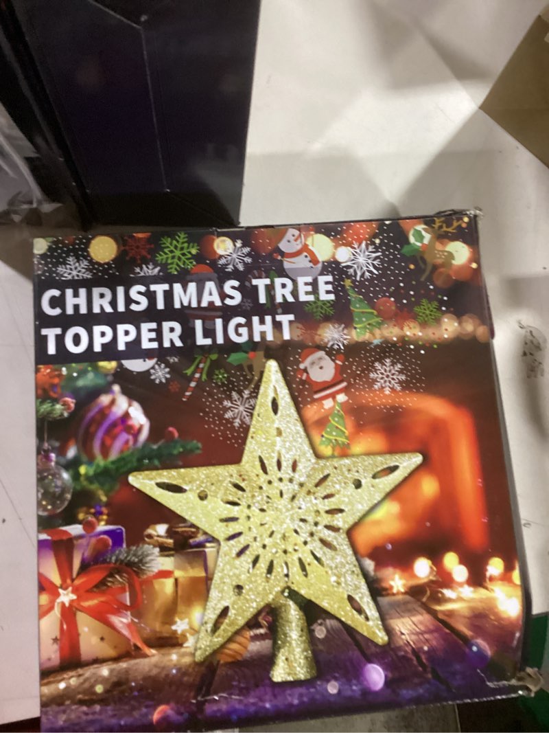 Condition photo showing New/Like New for Christmas Tree Topper Star Lighted with 6 Projection Modes,Christmas Star Tree Topper Projector Built-in LED Rotating Lights,3D Glitter Dynamic Projector Party Christmas Decorations (Gold)