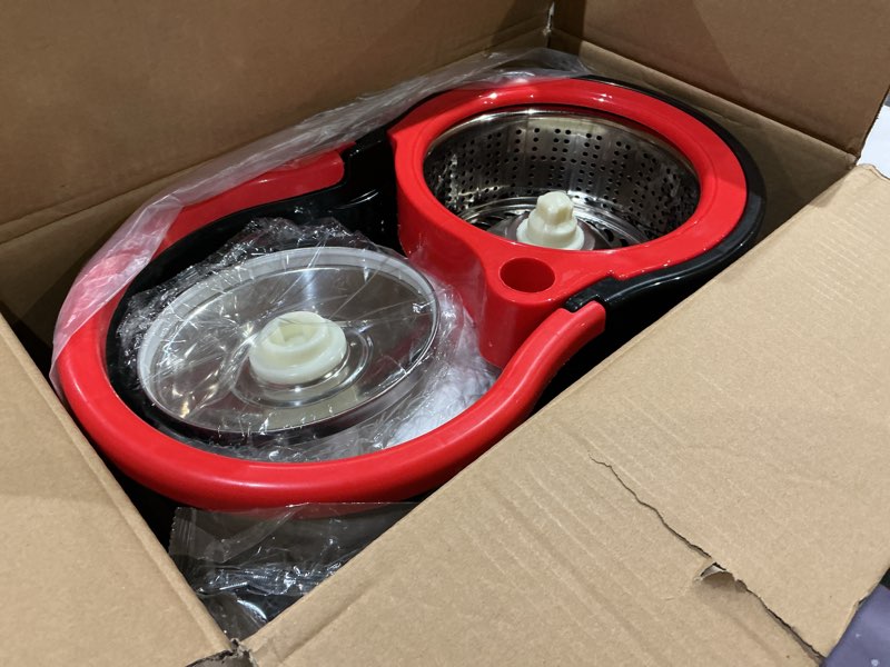 Condition photo showing New/Like New for spin mop and bucket with wringer set, 360° spinning mop bucket system with 3 microfiber mop replacement heads, 61" stainless steel extended handle for floor cleaning home office