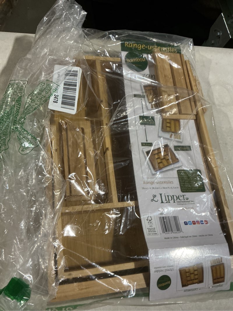 Condition photo showing As Is for Lipper International 8882 Bamboo Wood Expandable to 18-3/4" Flatware Drawer Organizer with Removable Dividers 11" to 18 3/4" Wide x 15" Deep