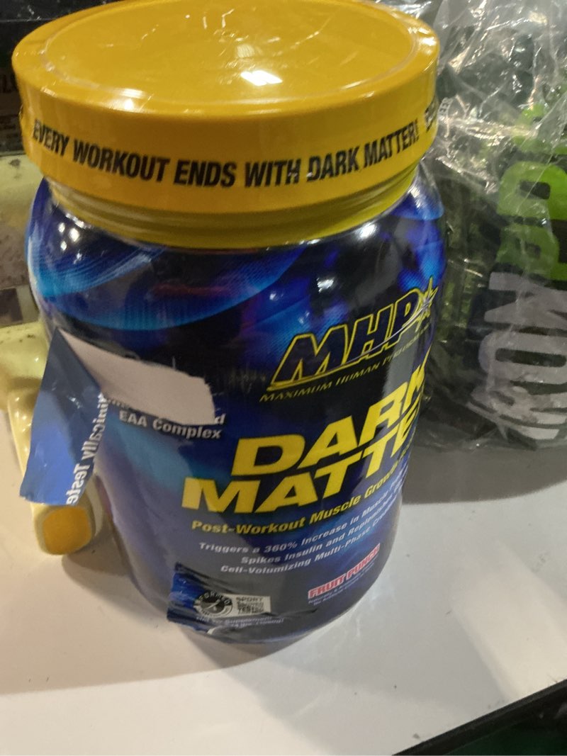 Condition photo showing New/Like New for (exp-11-2028)mhp dark matter post workout, recovery accelerator, w/multi phase creatine, waxy maize carbohydrate, 6g eaas, fruit punch, 20 servings, 55 oz fruit punch 3.44 pound (pack of 1)