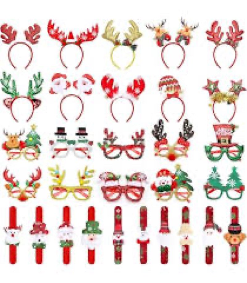 Toolterritary 30PCS Christmas Glasses, Headband and Slap Bracelets - Cute Decorations for All People