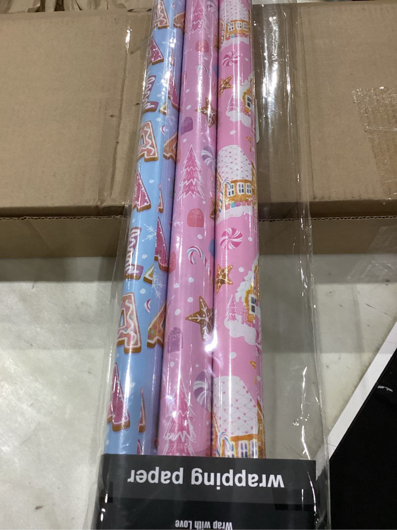 Condition photo showing As Is for WRAPAHOLIC 30 Inch Christmas Wrapping Paper Roll - Jumbo Roll Pastel Pink Purple Gingerbread House a