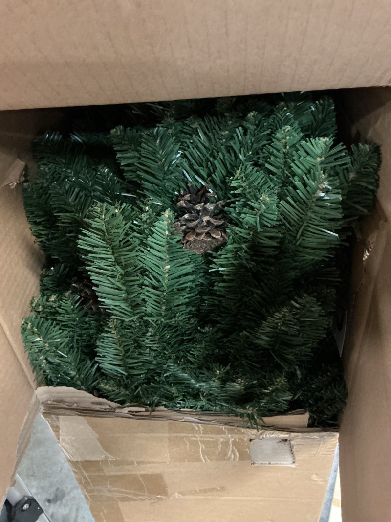 Condition photo showing As Is for Decoway 7FT Artificial Christmas Tree: Unlit Green Xmas Pine with Pinecones and Metal Stand for Indoor - Holiday Decoration for Porch Living Room Easy Assembly 6ft 11in
